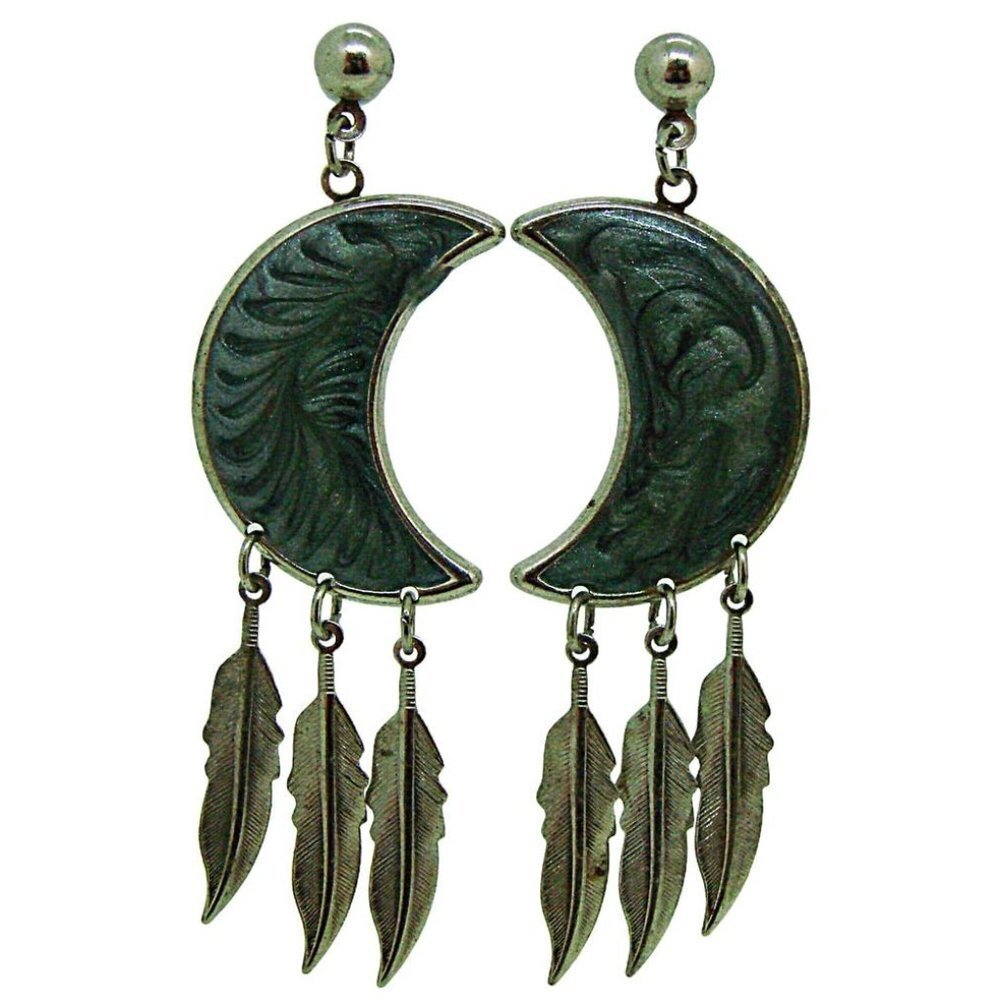 Green Teal Enamel Moon And Feather Dangle Drop Fashion Earrings Silver Tone 2.5"